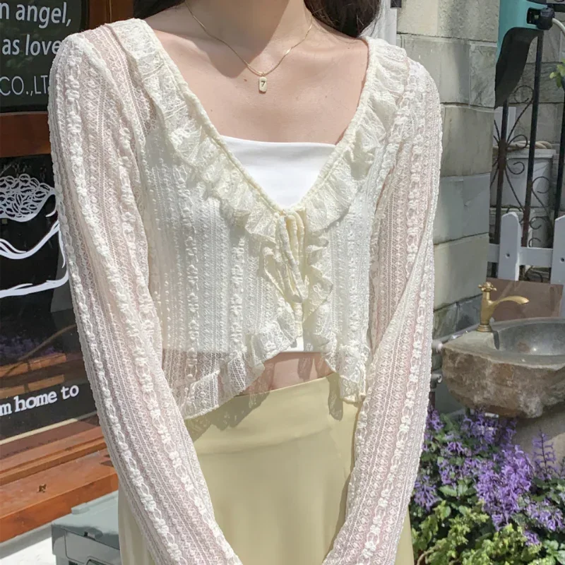 

Women Summer Sun Protection Coat Lace Bow Ruffle Cardigan Shirt Female Blouse Tops for Woman Covers Blusa White Y2K Shirt