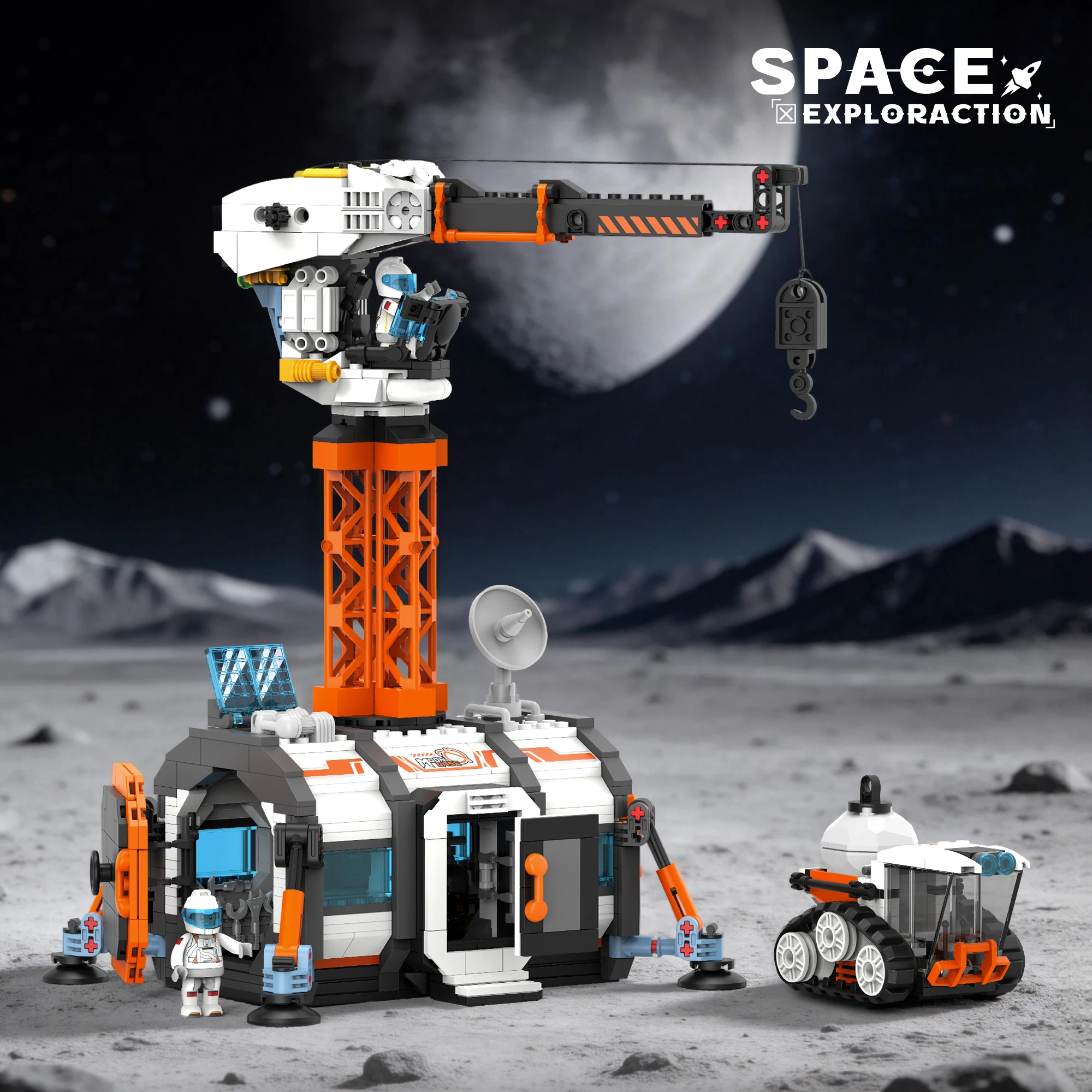 2026 Neues Mondkran-Basis- und Transportfahrzeug-Bausteinmodell, Mondraumstation Astronauten-Spielzeug-Geschenkset