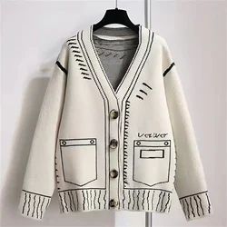 Silhouette Painting Graffiti Sweater Women New 2024 Fall and Winter Black and White Loose Lazy Cardigan Jacket Knitted Tops