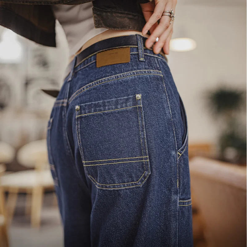 Maden Women's 10.5oz Denim Jeans Straight-Leg Casual Pants with Twill Texture YKK Zipper Suede Leather Patch Blue Fall Trousers