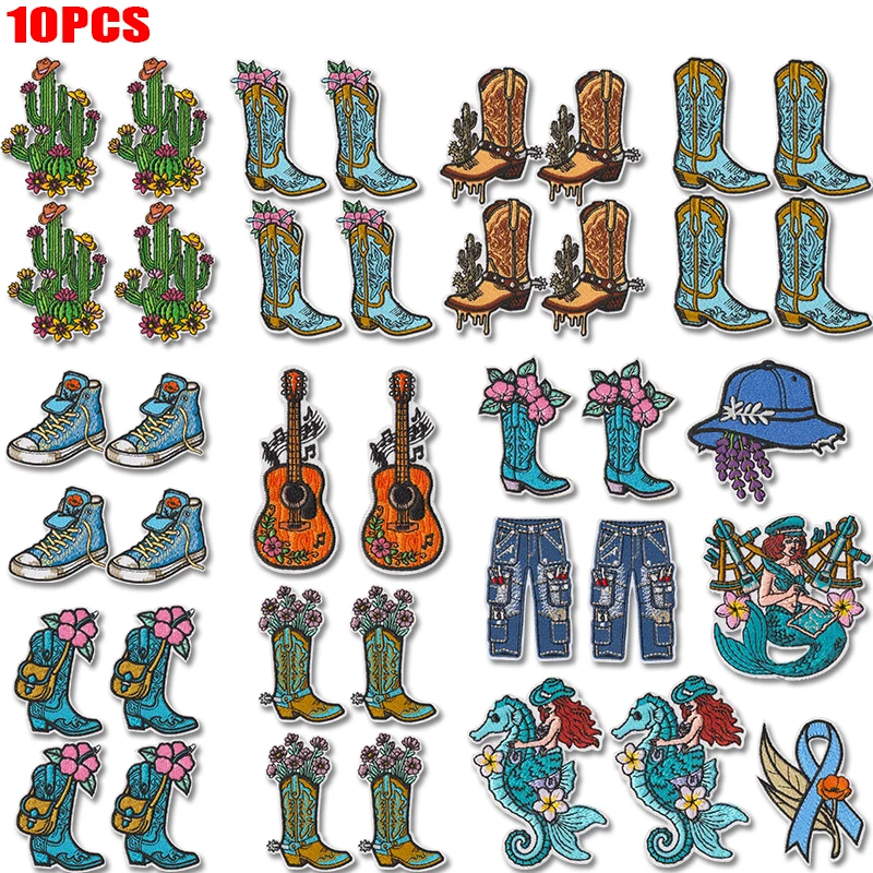 10PCS Western Cowboy Embroidered Patch Cowboy Boots Cactus Guitar Mermaid Patch Iron On Patches DIY Jeans Hats Backpack Badges
