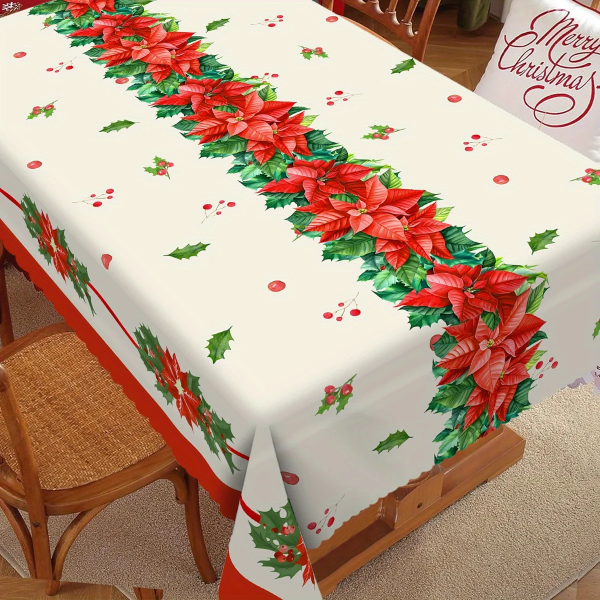 Merry Christmas Poinsettia Holly Berry Tablecloth for Table Decor Winter Xmas Kitchen Dining Table Cloth Christmas Decorations
