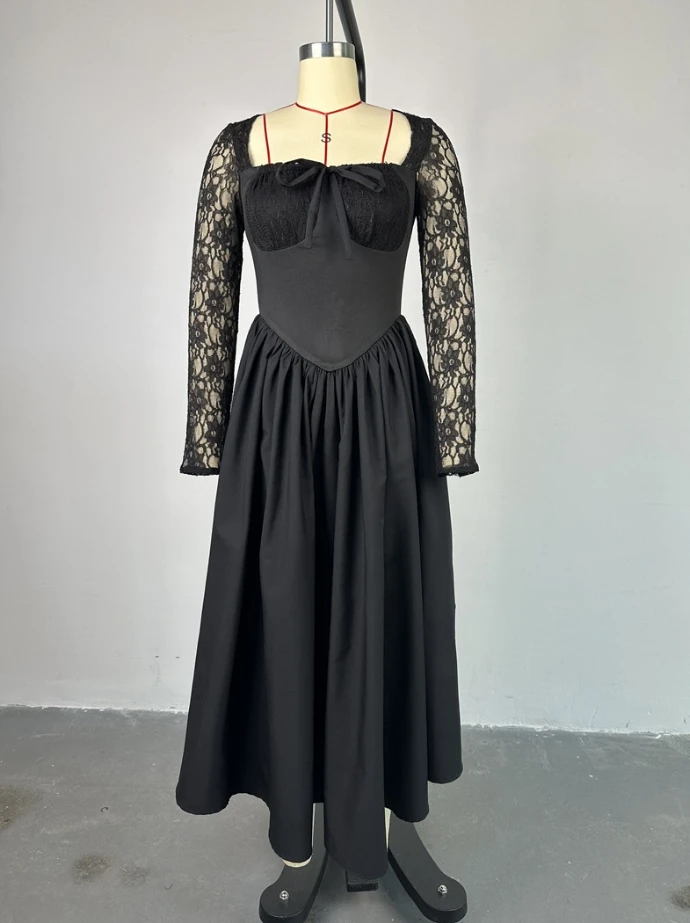 2024 Women's Summer New Style Elegant Square Neck Lace Long Sleeve Waist Wrapped Solid Color Medium Length Dress