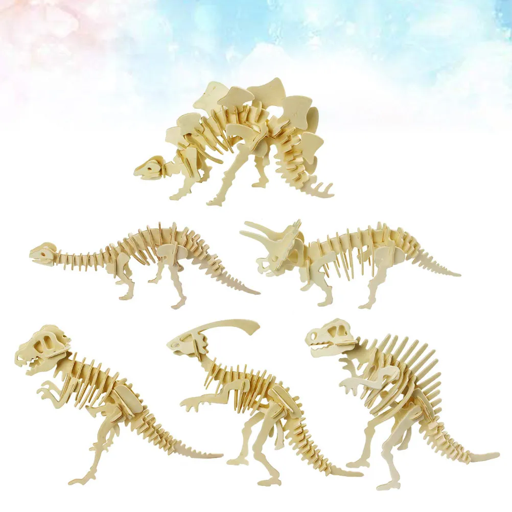 

6Pcs Wooden 3D Dinosaur Puzzles Educational Jigsaw Adorable Animal Design for Kids Cognitive Visual Skills Development
