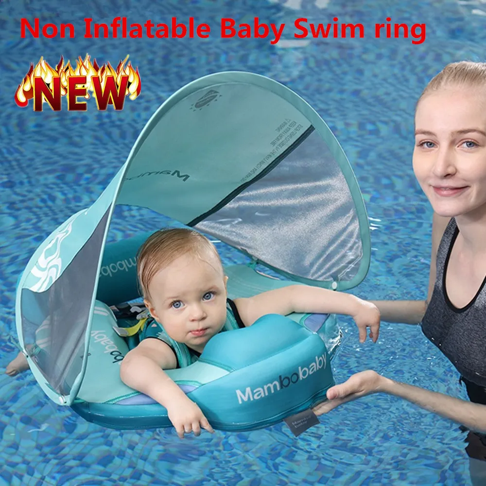 

Newest Baby/Infant Swim Float with Canopy, Non Inflatable Baby Swim ring Upgrade Soft Waterproof Skin-Friendly Leather Material