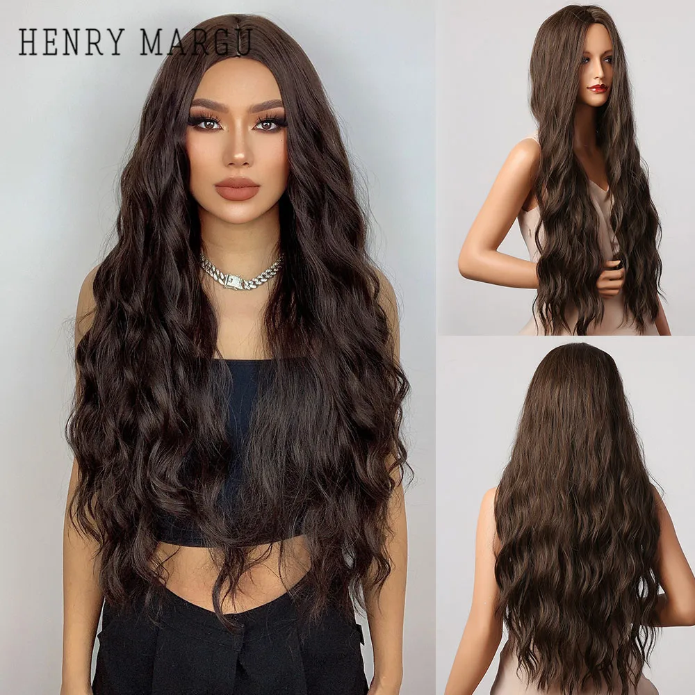 HENRY MARGU Dark Brown Wave Wigs Long Synthetic Wavy Natural Hair Temperature Wigs For Black/White Women Daily Cosplay Wigs