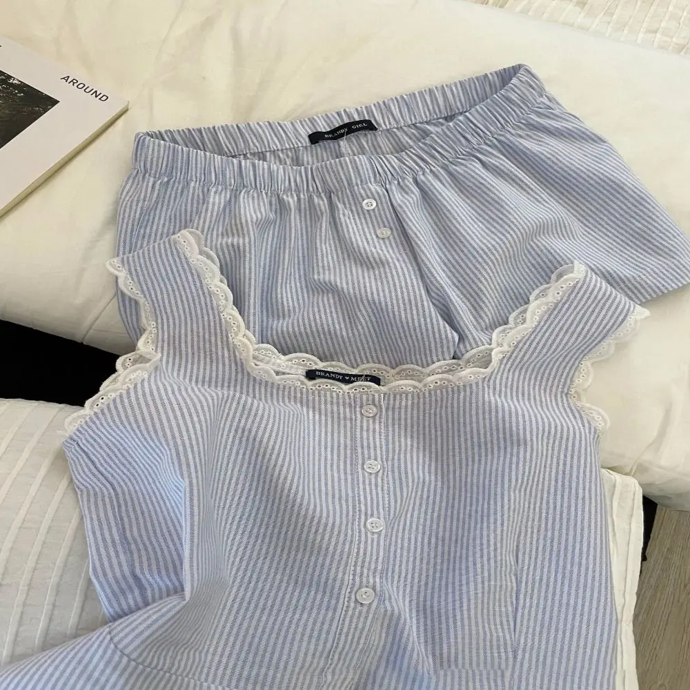 Moda rendas listrado pijamas terno único breasted verão pijamas azul sem mangas pijamas meninas
