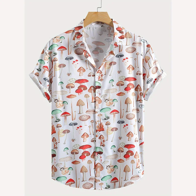 Camisa de cogumelo 3D masculina estampada, casual com botão, mangas curtas, tops de verão fresco, camisas havaianas, roupa unissex, moda fofa