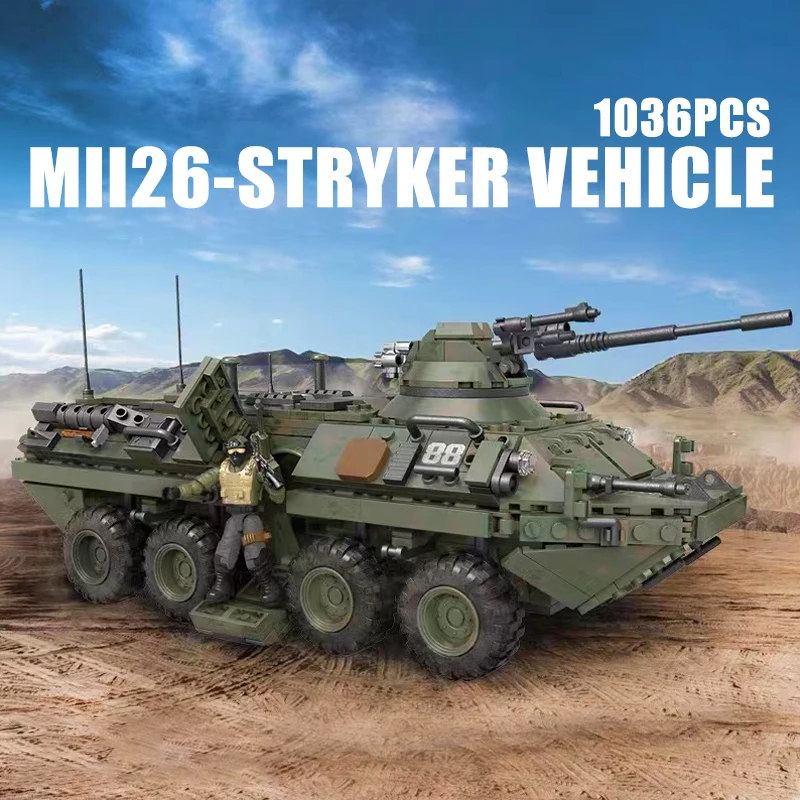 

Military Series Stryker Vehicle Building Blocks City Armored Car WW2 Army Soldiers Weapon Bricks Model Toys For Kids Gifts MOC