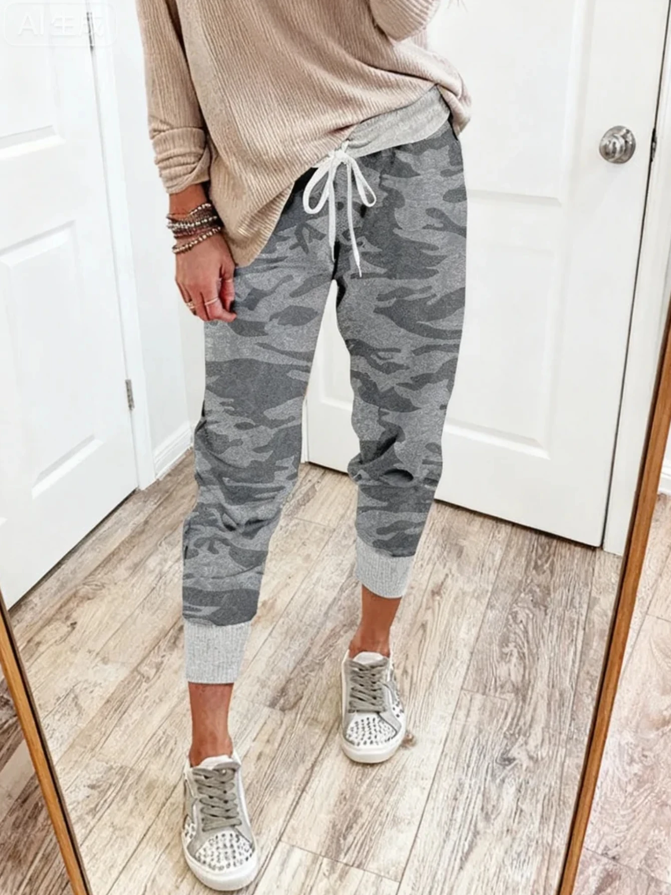 Y2K Camo Casual Drawstring Sweatpants Loose Fit Camo Cargo Pants for Women Fall Yoga Pants
