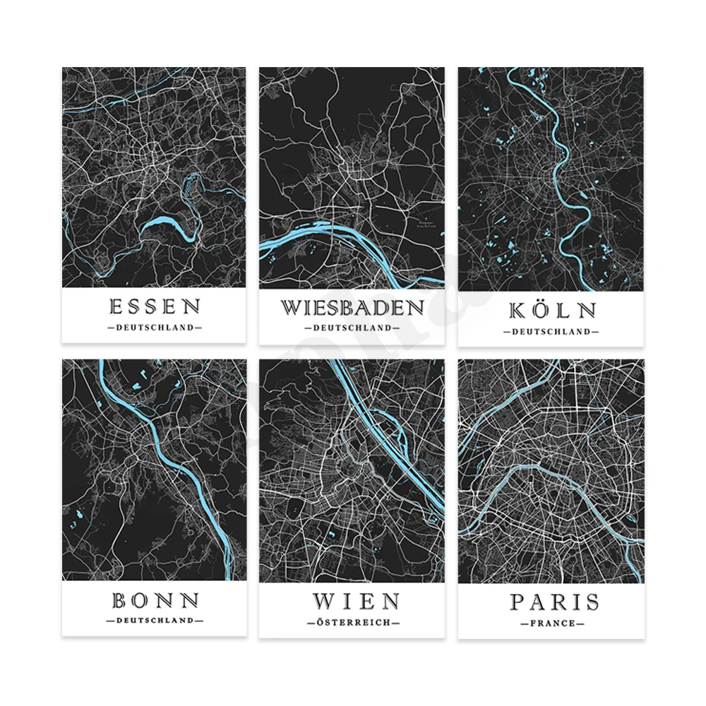 مونيستر باريس فيينا بون نورمبرج كولونيا كارلسروهي هانوفر أوغسبورغ ويسبادين إيسن. خريطة المدينة. ملصق فني لتزيين جدران المنزل