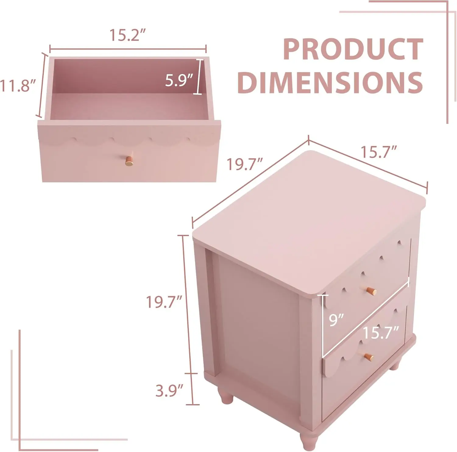 Pink Nightstand Side End Table with 2 Drawers, Modern Night Stand with Petal Pattern for Bedroom, Scalloped Bedside Night