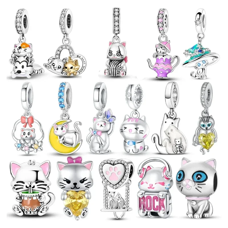 925 Sterling Silver Stacked Cat Charms Beads Fit Original Bracelets Bag Keychain Charms Beads Pendant Diy Women Jewelry Gift