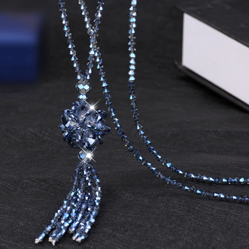 Korean Crystal Bead Long Necklace Women Autumn Winter Joker Sweater Chain Fashion 2023 Kpop Tassel Pendant Neck Decoration