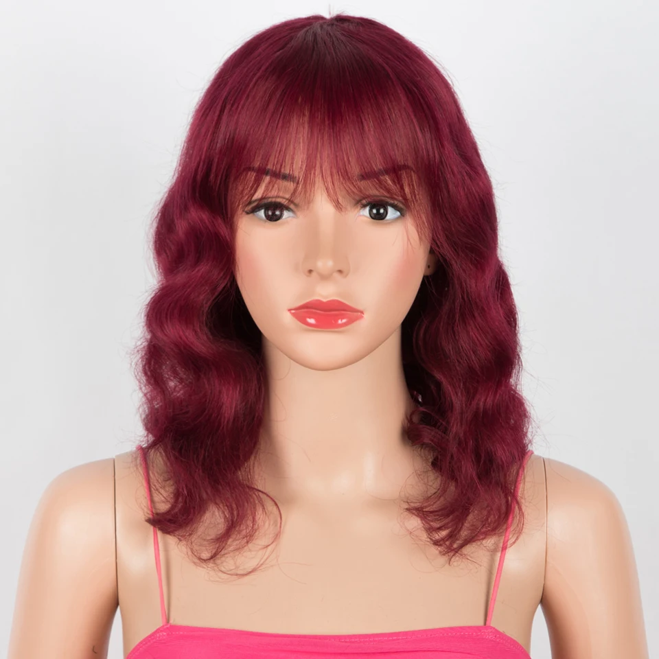 Lekker Burg Red Short Deep Wave Bob 100% Human Hair Wigs With Bangs For Women Brazilian Remy Hair Ready to Wear 14