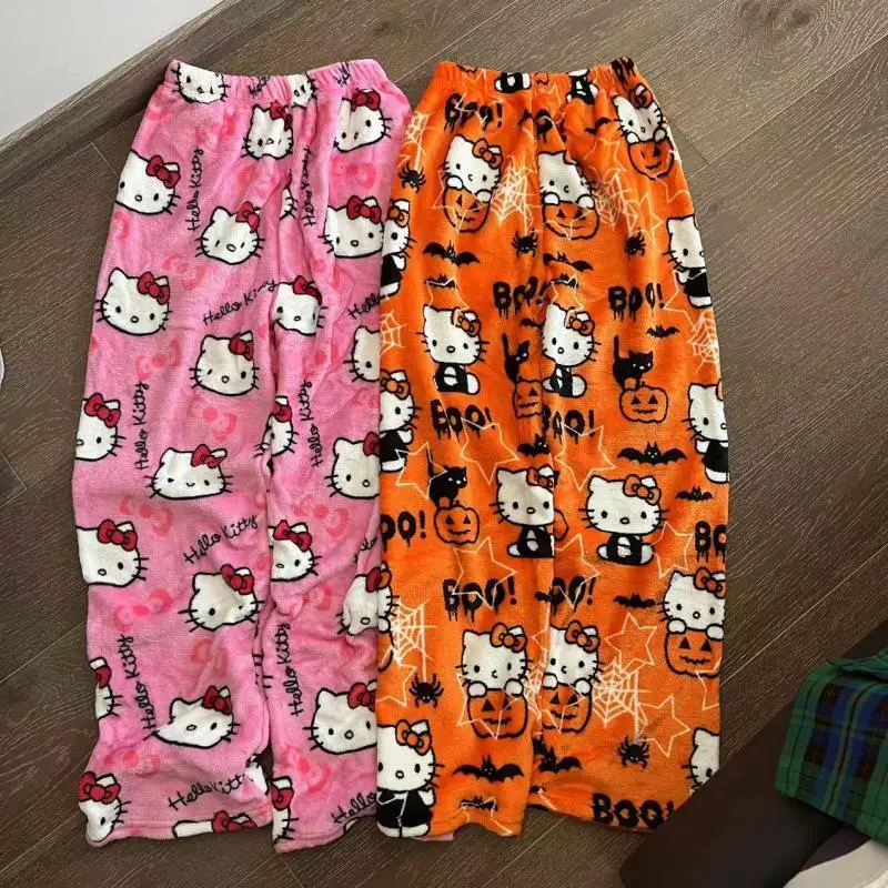 Anime Sanrio Halloween Hello Kitty Y2K Flannel Pajamas Pants Home Pants Warmth Graffiti Casual Pants Cartoon Girl Christmas Gift