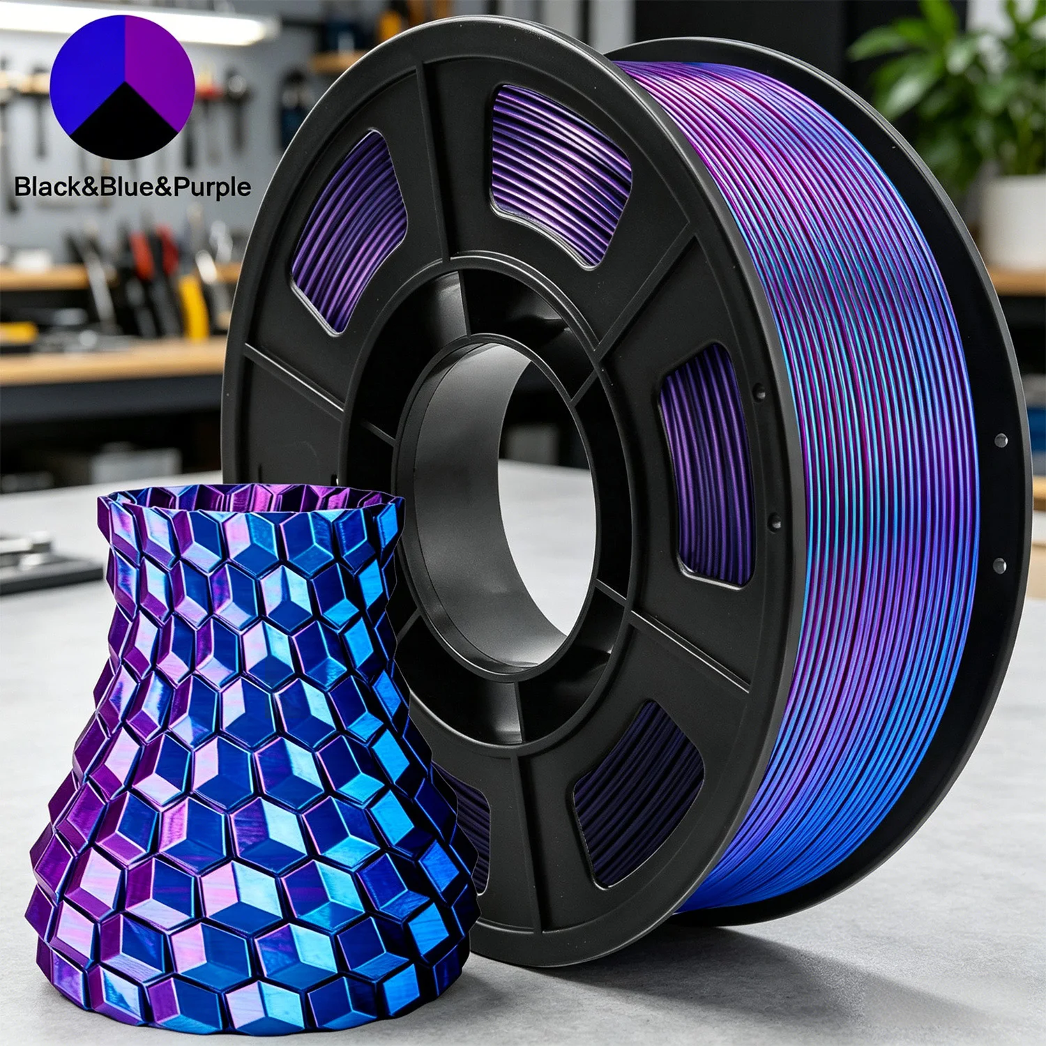 

Silk Tricolor PLA 3D Printer Filament, 1.75mm Multicolor 3D Printing Filament, Blue Purple Black Filament, 250g (0.55lbs)