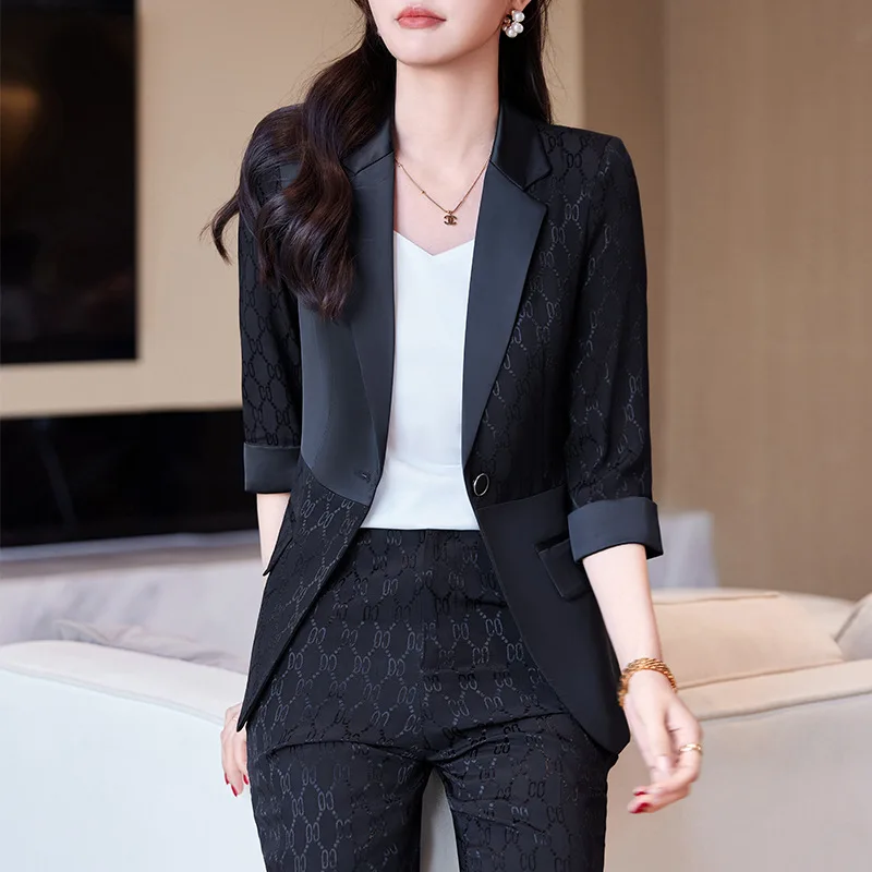 2024New High-Grade Black Suit Set Women's Spring/Summer Goddess Temperament Business Wear Casual Mid-Sleeve Suit Coat