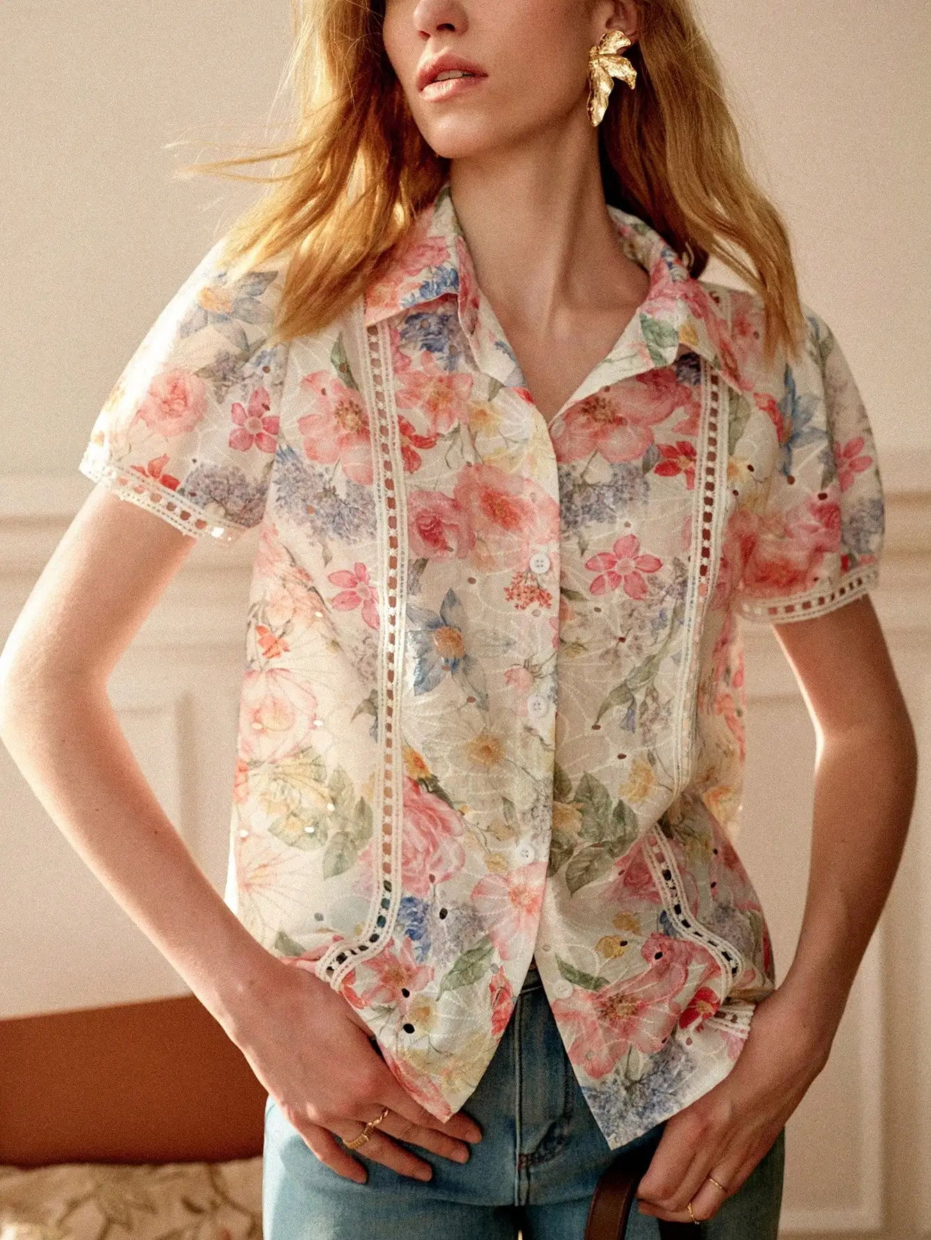 

Элегантная женская блузка с цветочным принтом, пышными рукавами и пуговицами, летняя повседневная рубашка