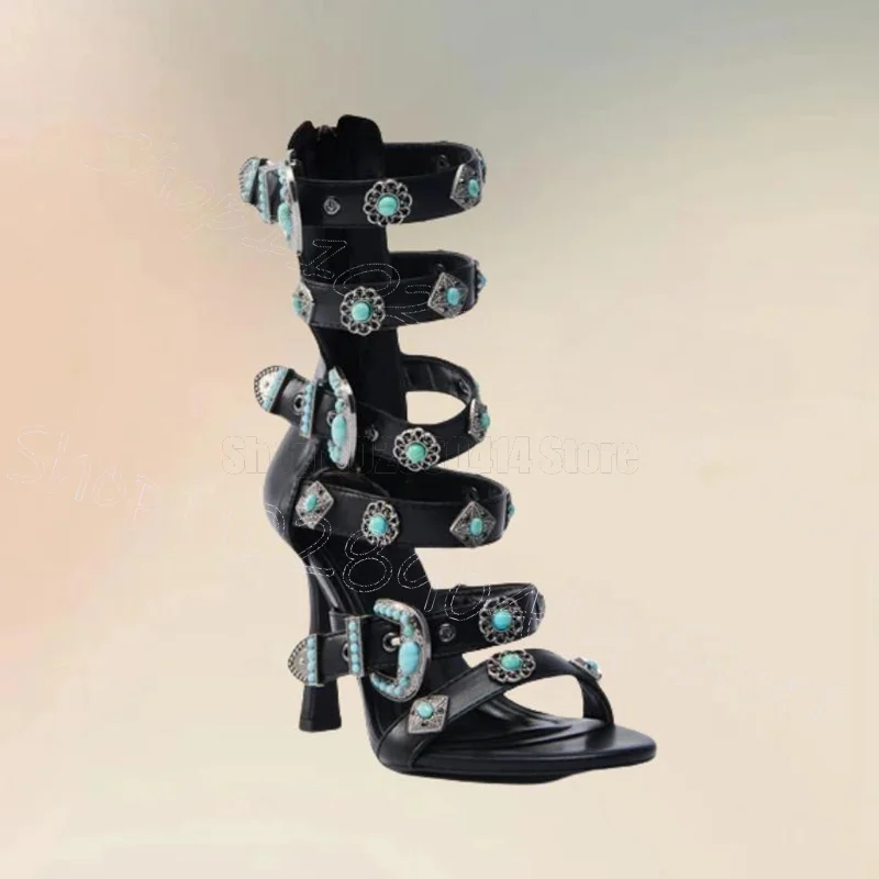 

Metal Beads Buckle Black Hollow Design Sandals Back Zipper Women Shoes Thin High Heels Open Toe Party 2025 Zapatos Para Mujere