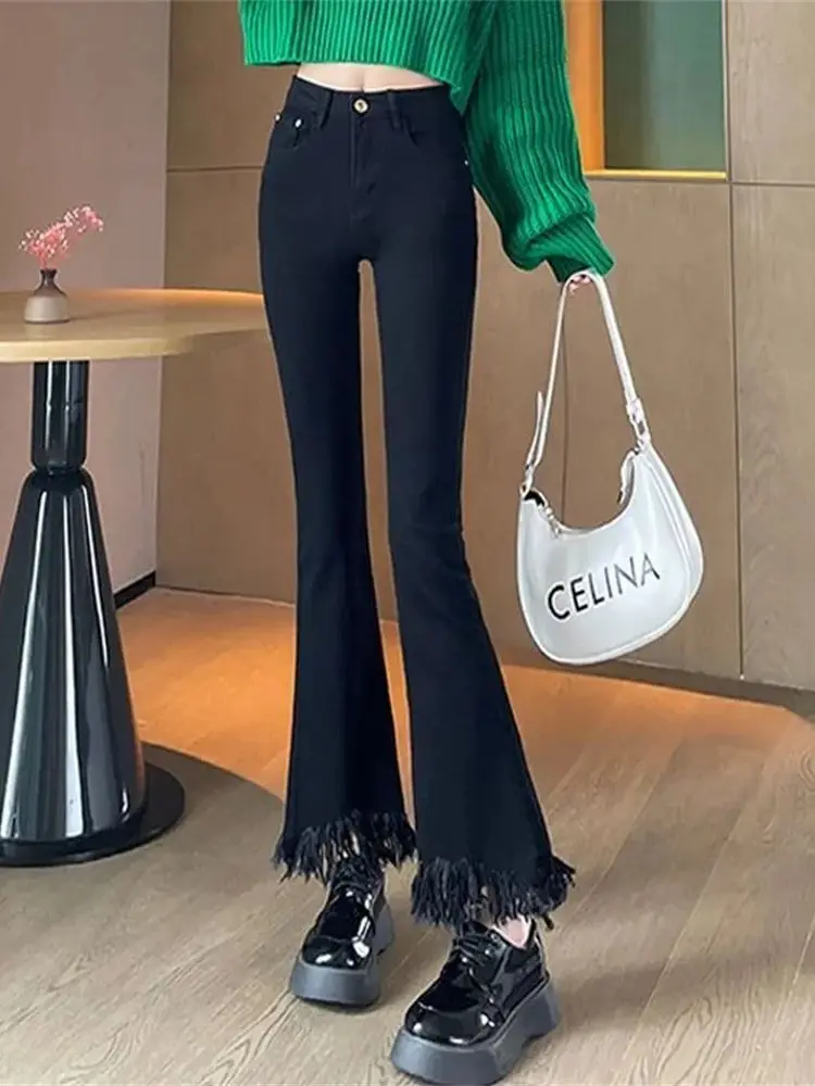 

2023 New Solid Color Casual Jeans for Women New Autumn Slim Fit Tassel Frayed Flared Pants for Ladies New Fashion cropped pant