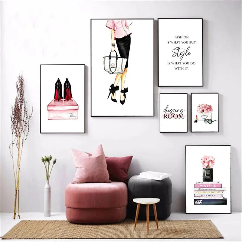 

Beauty Makeup Floral Lipstick Perfume Women's High Heels Nordic Fashion Painting Poster Wall Art Modern Girl Bedroom Decoration