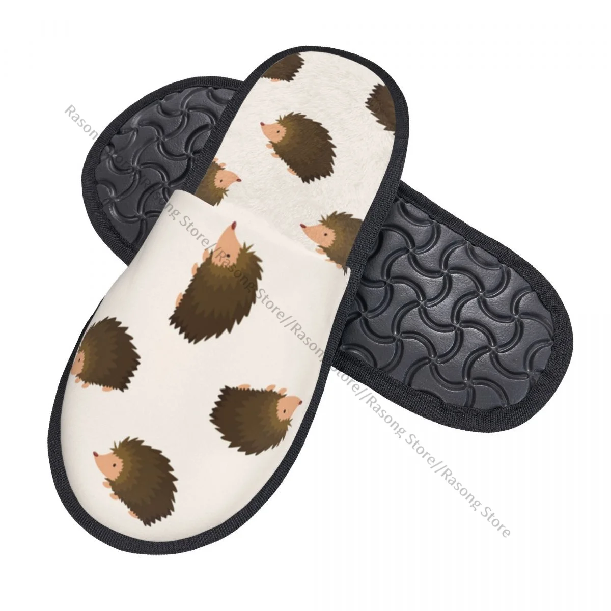 Winter Women Men Non-Slip Flat Slippers Hedgehog Cartoon Pattern Indoor Fur Soft Warm Shoes