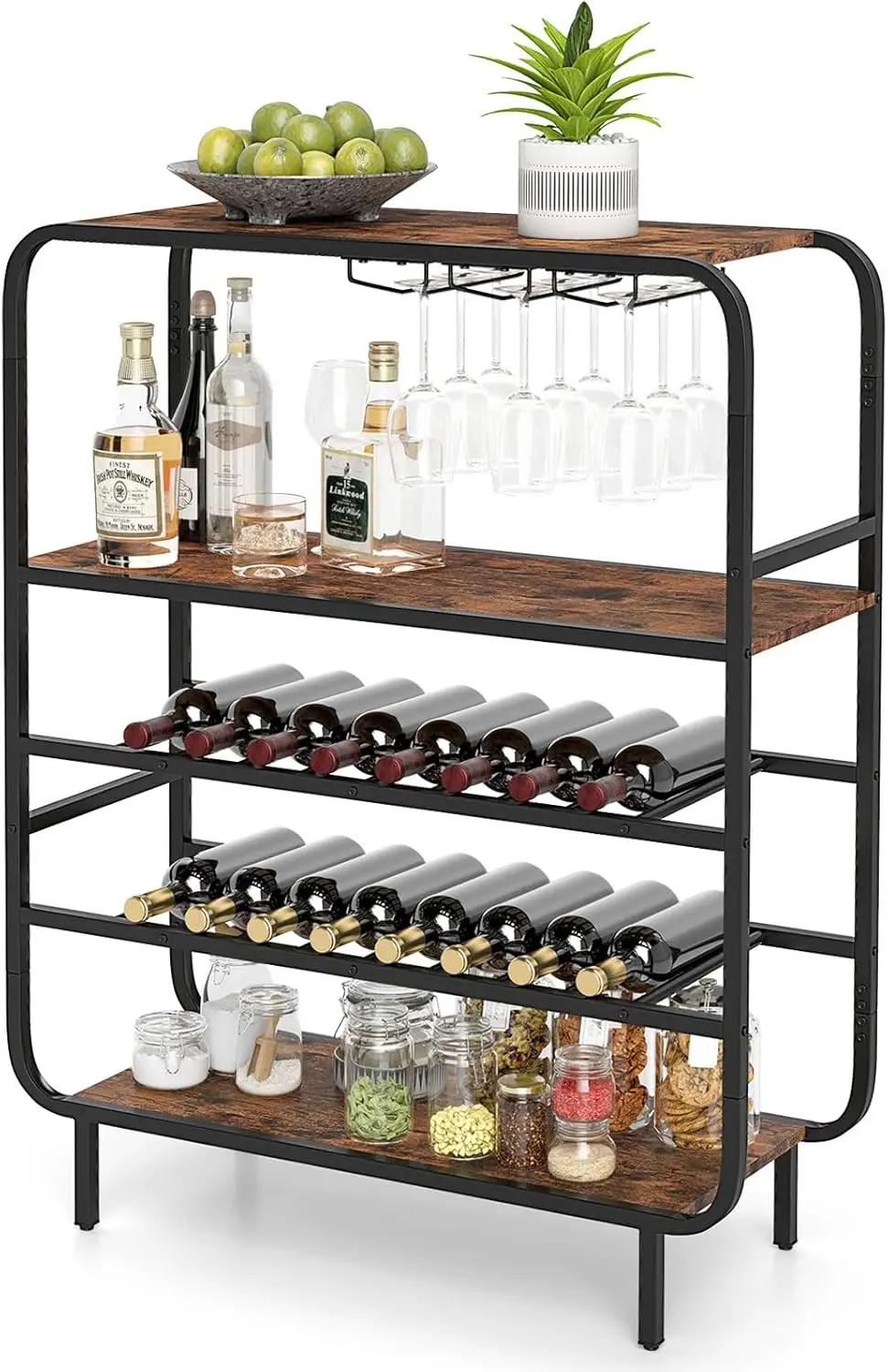 

16 Bottle , Freestanding Floor 5-Tier Wine Display Shelf w/Glass Holders, Metal Frame Industrial Liquor Display Stand