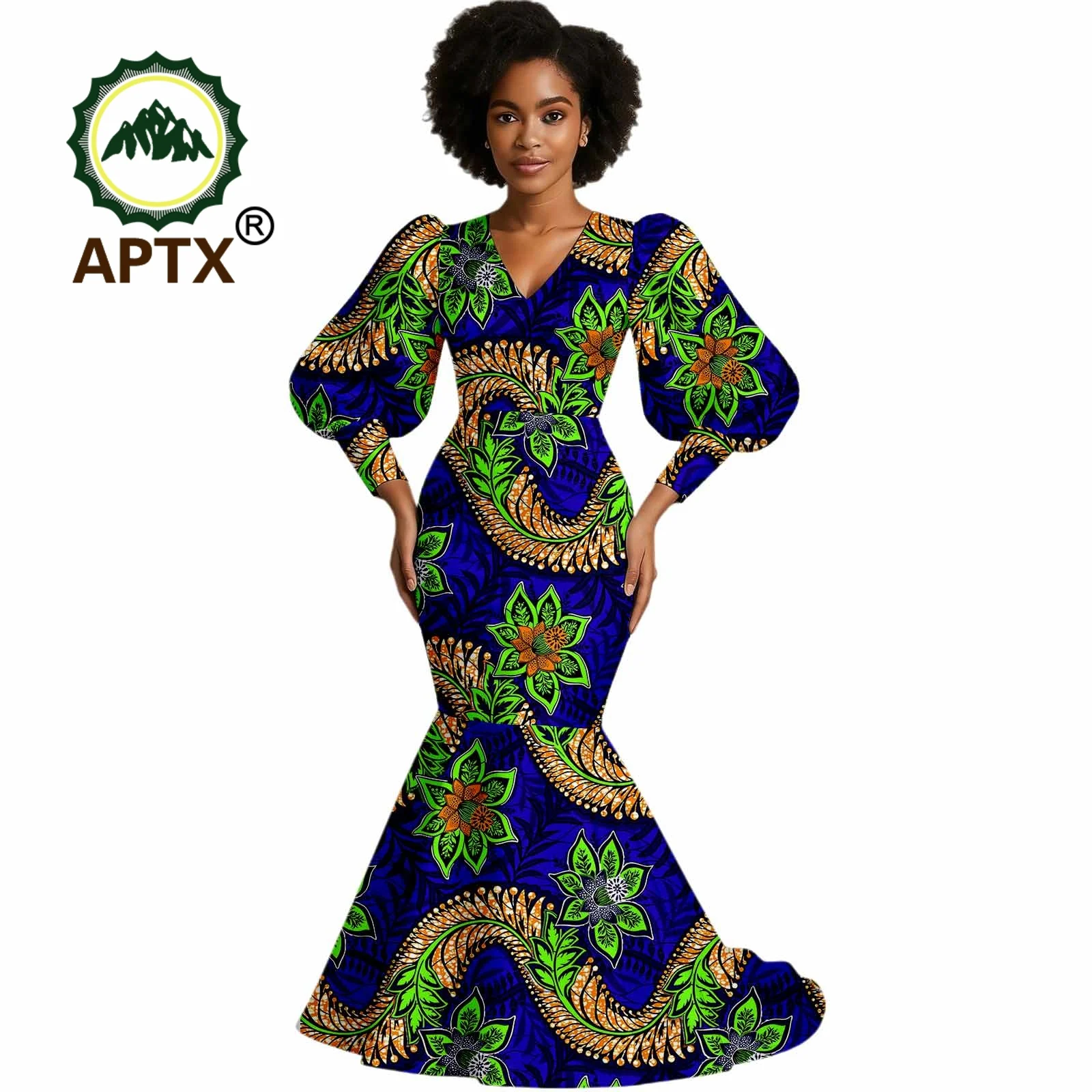 African Women's Dashiki V-Neck Long Sleeve puff sleeve Dress Printed Floor-Length Elegant fashion Casual Wedding Party Dress