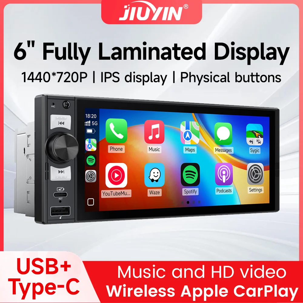 

Автомобильное радио JIUYIN 1Din, 6-дюймовый универсальный MP5-плеер с IPS-экраном, беспроводной Carplay, Android Auto, автомобильный мультимедийный плеер, USB, BT, Type-C