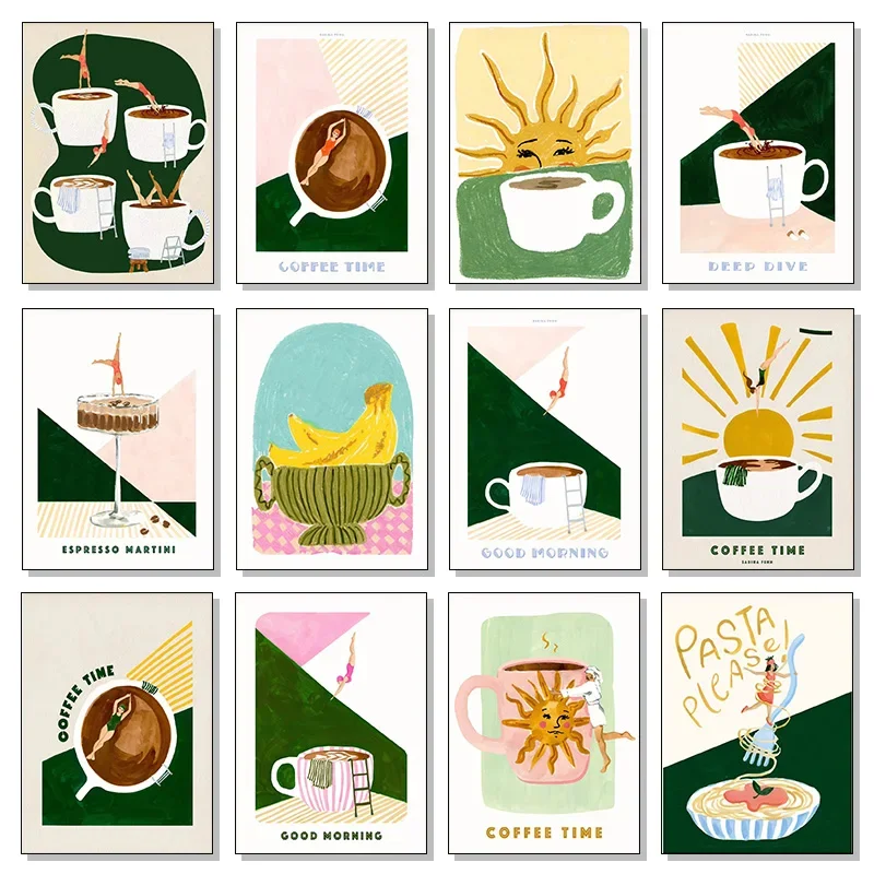 Banana Bowl - Cuadro Decorativo Moderno para Cocina, Colorido, con Diseño de Café y Saludo Matutino, Impresión en Lienzo para Decoración del Hogar