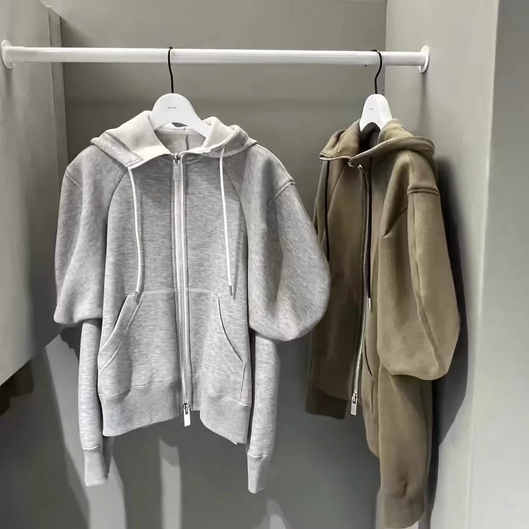 

25 spring new hoodie women puff sleeve top zipper loose coat jackets