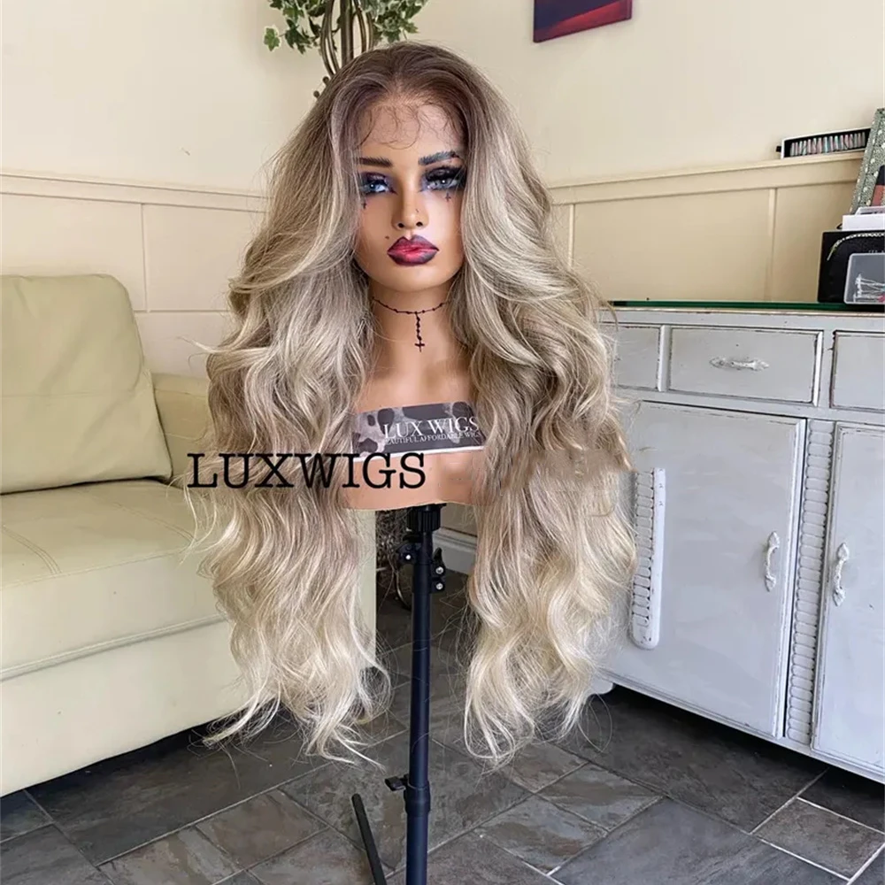 طويل شقراء لوكس الباروكات سميكة متموجة شقراء الدانتيل شعر مستعار أمامي مع جذور البني الفاتح 30 "مقاومة للحرارة الاصطناعية فوتورا شعر مستعار استخدام الحفلات