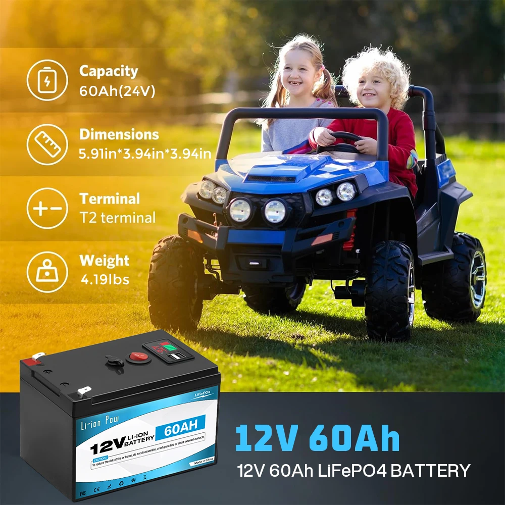 12V 60Ah Lithium LiFePO4 Deep Cycle Battery for Solar,Fish Finder, Power Wheels, Lighting, Off-Grid Applications Built-in BMS