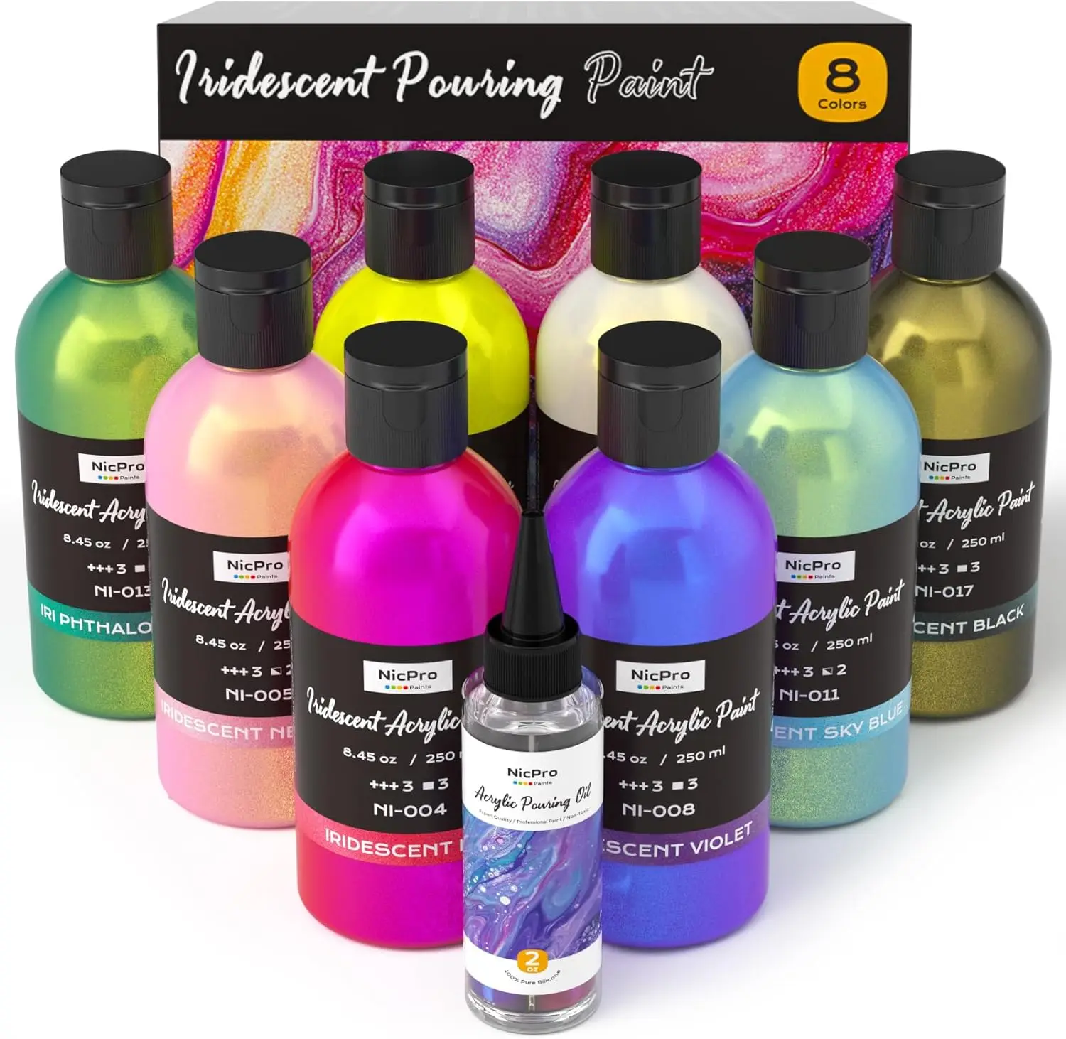 

8 Colors Iridescent Metallic Acrylic Pour Paint Supplies Kit, 8.45oz Large Ready to Pour Premixed High Flow Pouring Paint