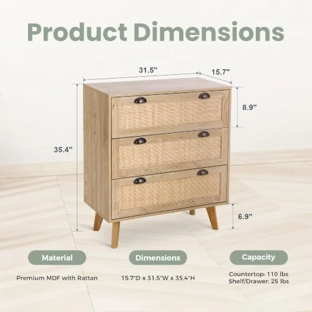 Natural Rattan Nightstand 3 Drawer Dresser Bedside Table