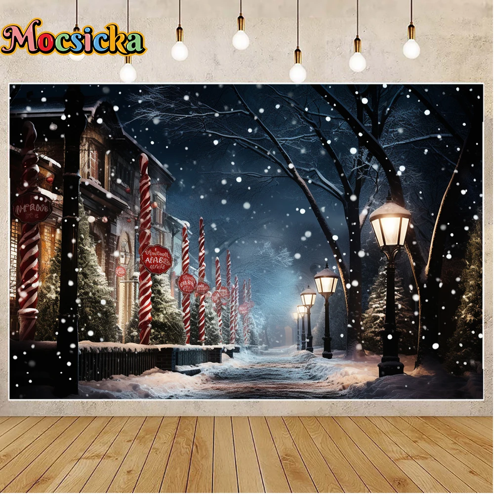 Mocsicka Winter Kerstfotografie Achtergrond Starry Sky Candy Xmas Tree Volwassenen Familie Kinderen Foto Backdrops Studio