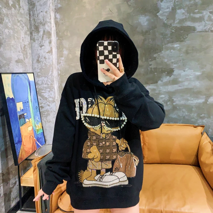 Trendy Men Women Hoodie Tops New Autumn Winter Thicken Fleece Hooded Sweatshirt Cartoon Beading Hot Drilling Casual Sweatshirts