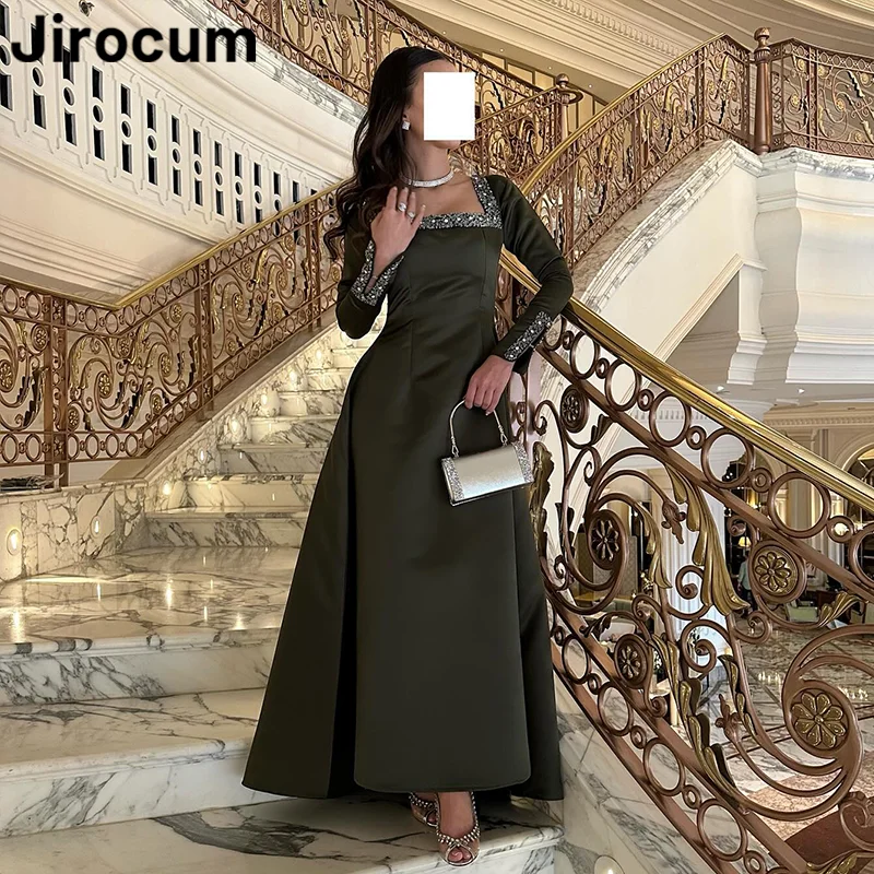 

Jirocum Elegant Beaded Prom Dress Women Square Neck Long Sleeve Party Evening Gown Ankle Length Saudi Special Occasion Dresses