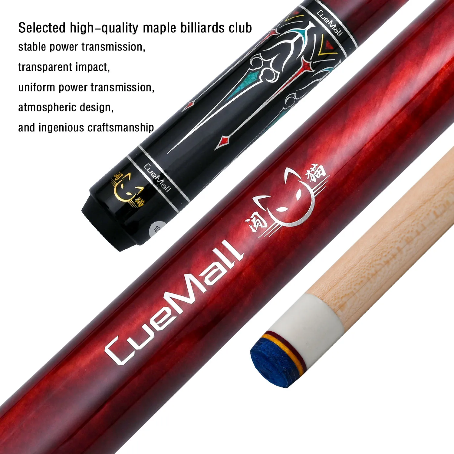 

CueMall 12.75mm Low Deflection Pool Cue Premium Hard Maple Shaft Silver Inlay Design 19oz 58 Inch
