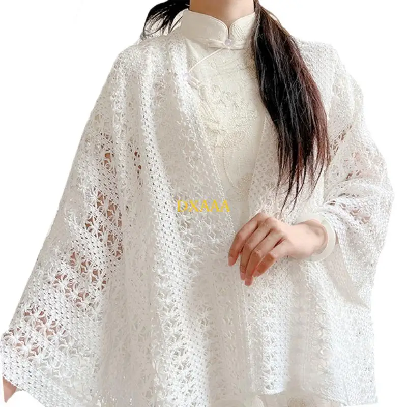

DXAA Elegant Hand Knitted Smock Fringed Shawl Women’s Shoulder Scarf Soft Comfortable Wear for Office and Outdoor Daily