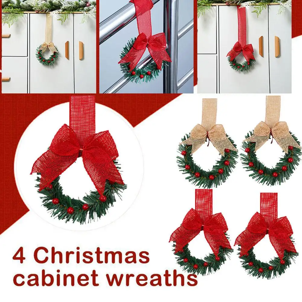 Christmas Kitchen Cabinet Wreaths With Ribbon 4PCS Mini Xmas Artificial Green Leaves Bauble Wreath For Xmas Window Wall Dec E1N6