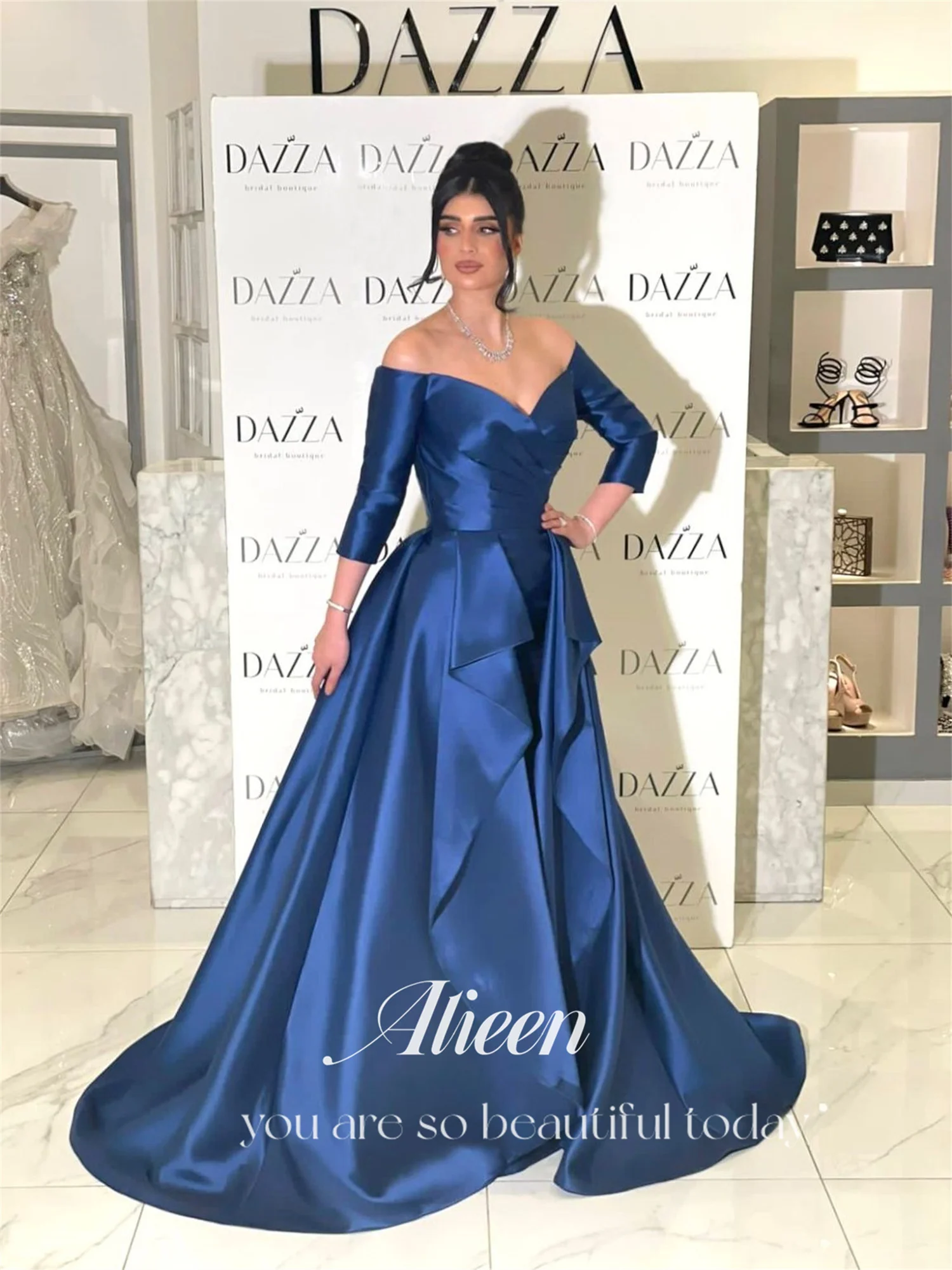 Aileen Off the Shoulders Long Sleeves Blue Satin Formal Occasion Dresses on Offer Evening Clearance Elegant Dress Woman 2024