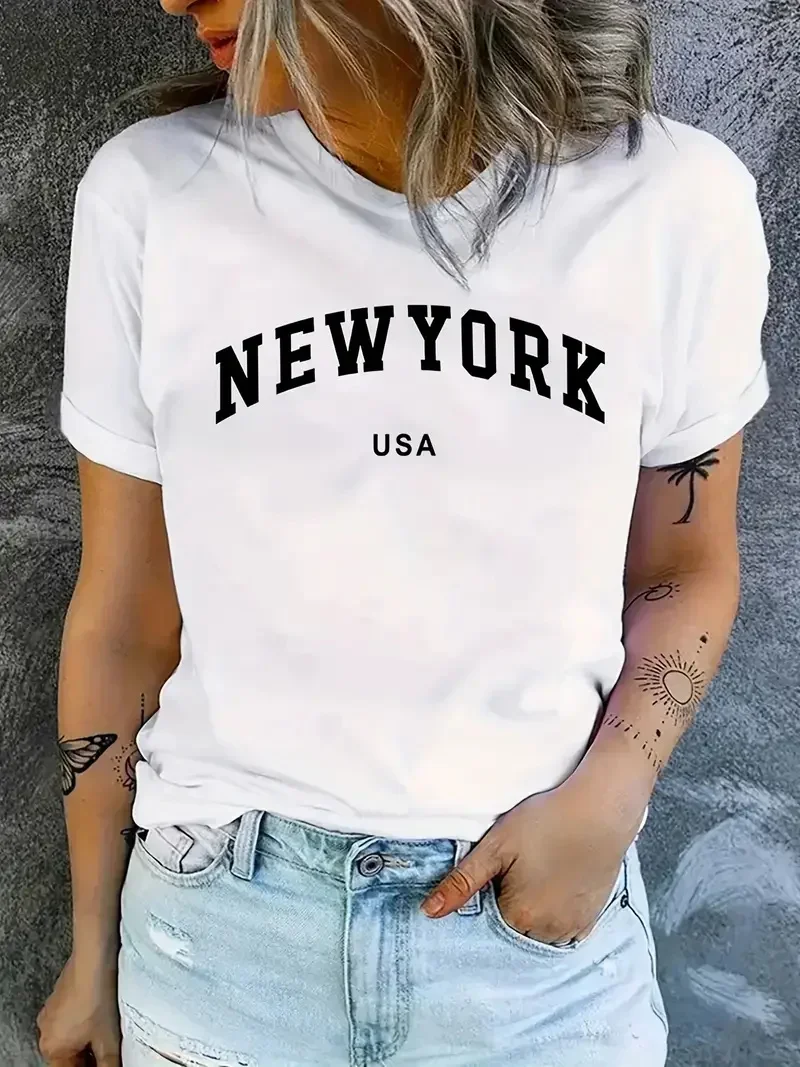 Women T Shirt Cartoon NEW YORK Letter Print Crew Neck Loose Top Tee Black T-shirt Female 90s Girls Graphic