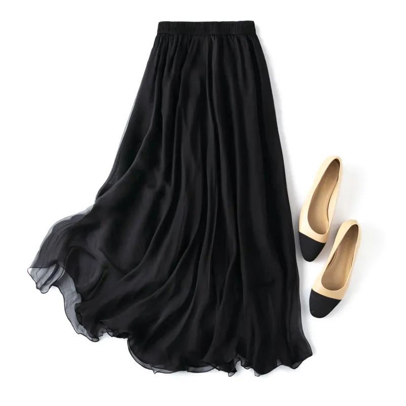 Women Silk Skirt 100% Mulberry Silk Solid Color Black With Double Lining Summer Beach Elastic Waist Vacation Skirts 2026 MM7950