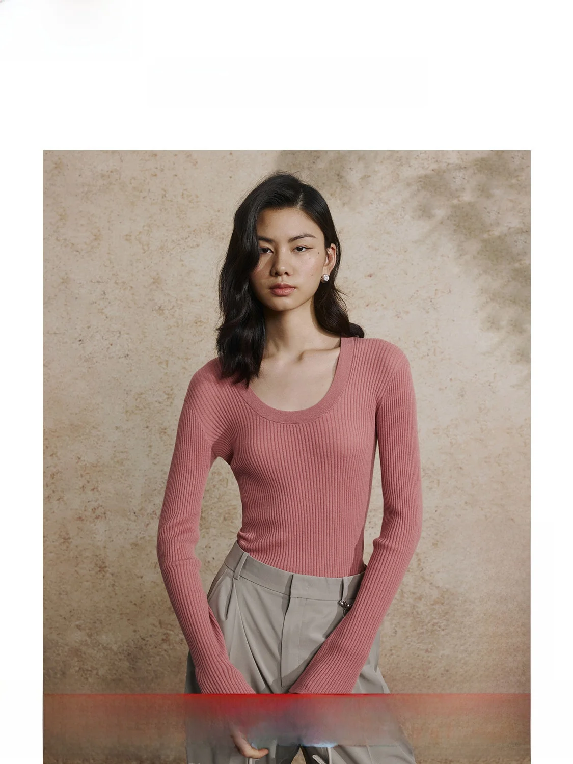 

Женская розовая облегающая повседневная трикотажная базовая кофта с длинным рукавом из мягкой смесовой пряжи (полиэстер/нейлон)