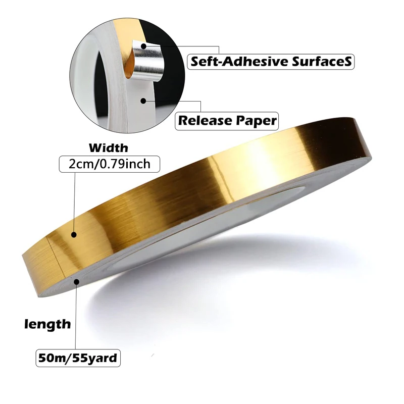 50M Gold Self Adhesive Polyester Film Tape Washi Metallic Tape For Car Furniture Graphic Arts Walls Floor Stripe Sticker Decor