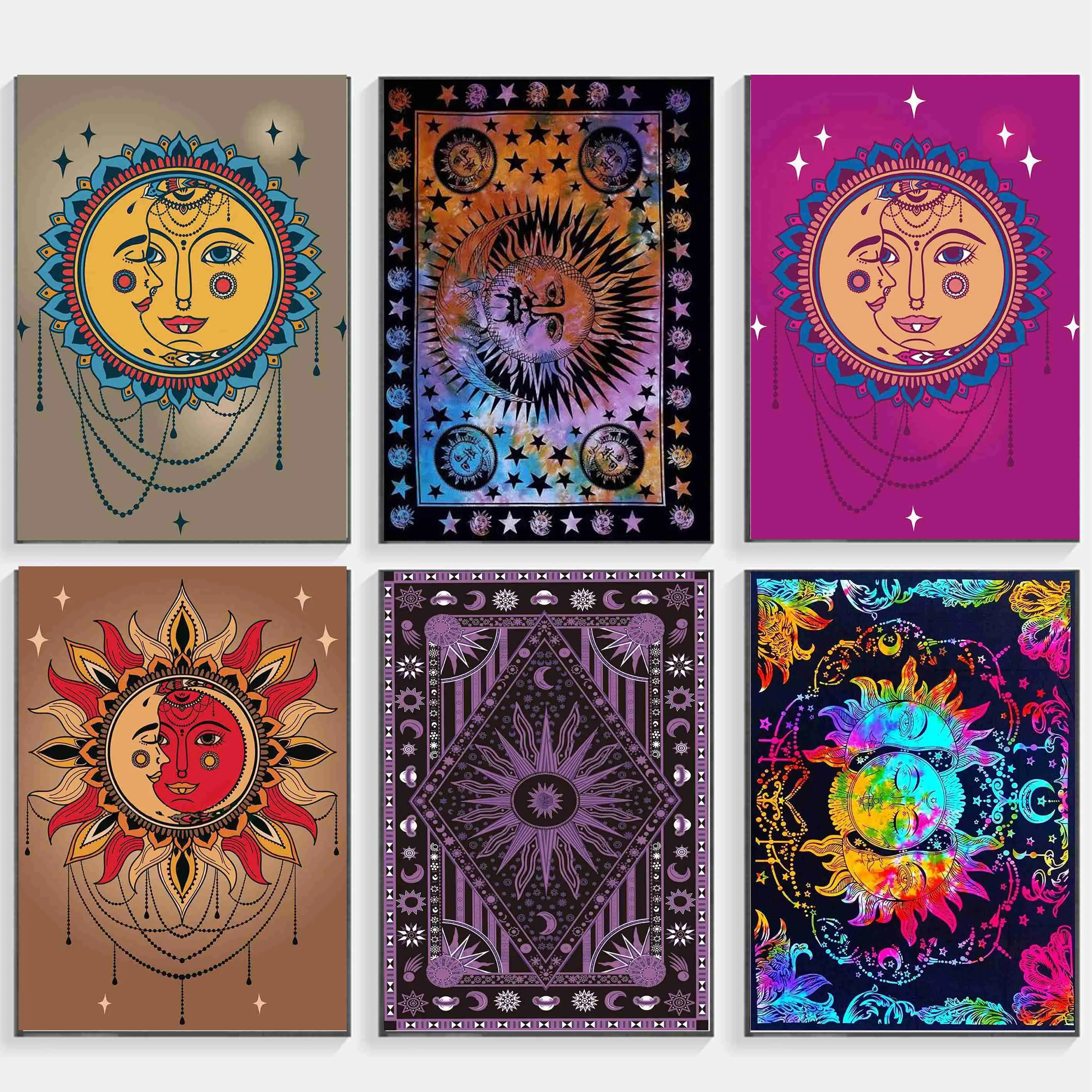 HD Burning Sun Celestial Sun Moon Star Bohemian Poster Tarot Wall White card poster Hanging Boho Hippie Hippy