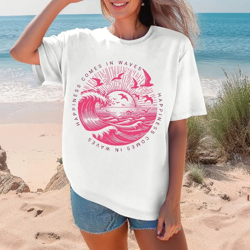 T-shirt graphique « Happiness Comes in Waves » pour femme, ample et respirant, idéal pour les vacances d'été