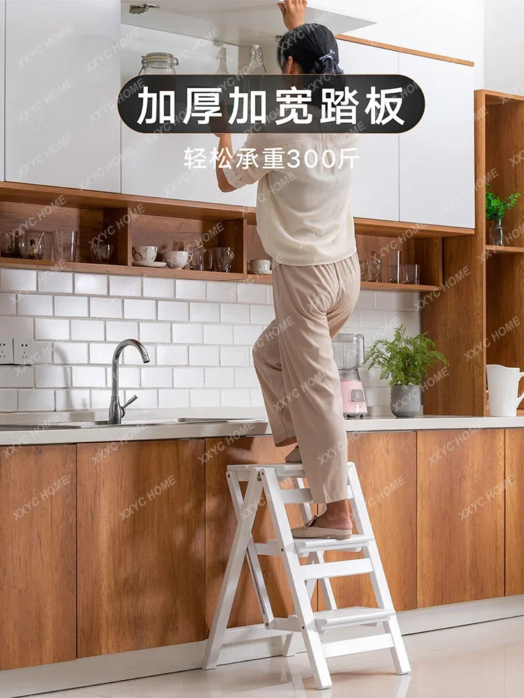 Household Solid Wood Multifunctional Folding Ladder Thickened Three-Step Ladder Chair Step Stool